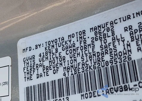 2002 Toyota Camry Xle from USA, damaged, VIN 4T1BE32K62U095326